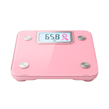 Pink digital scale displays weight with a pink ribbon symbol for Breast Cancer Awareness Month PNG Isolated on transparent background