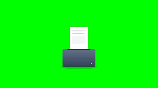Modern Flat Animation of an Office Printer Outputting a Document with a Success Checkmark Icon on Green Screen