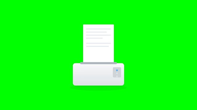 Flat 2D Animated Printer Machine Printing a Paper Document with Success Check Mark on Green Screen