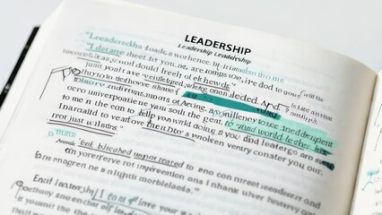 Fototapeta premium Open book with highlighted text about leadership