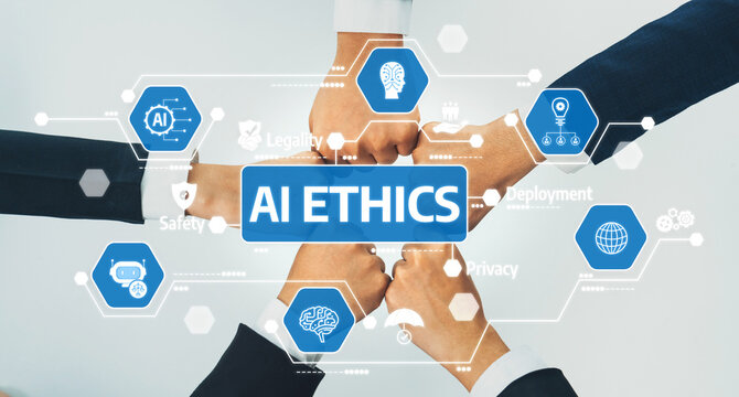 This image captures a collaborative approach to AI ethics, showcasing hands united around key concepts like safety, privacy, legality, and deployment for responsible tech advancement. Amity