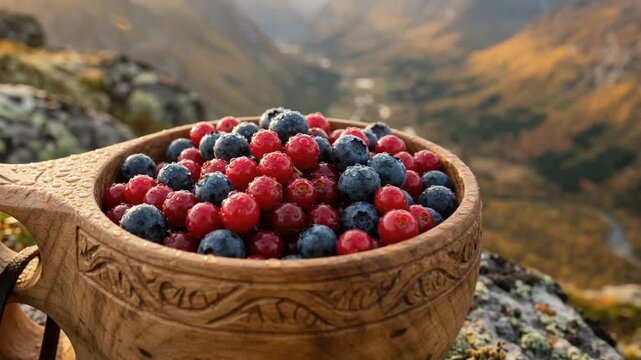 Carved wooden mug filled to the brim with fresh wild forest berries overlooking autumn mountain valley