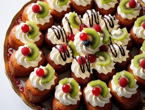 Small rum baba cakes topped with whipped cream fresh fruit, drizzles of chocolate. Individual pastries arranged on decorative platter ready for serving at parties events. Freshly baked dessert