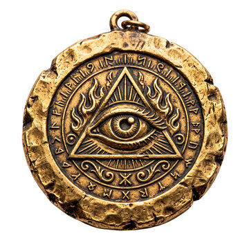 Ancient golden amulet featuring the all seeing eye within a triangle surrounded by mystic runes and flames PNG Isolated on transparent background