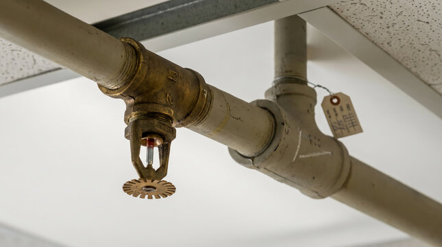 A close-up of a ceiling-mounted fire sprinkler system with a rusted pipe and a tagged valve.