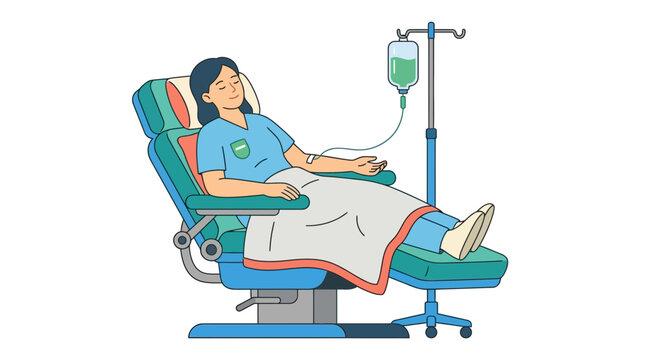 Woman receiving IV drip in medical chair, illustration