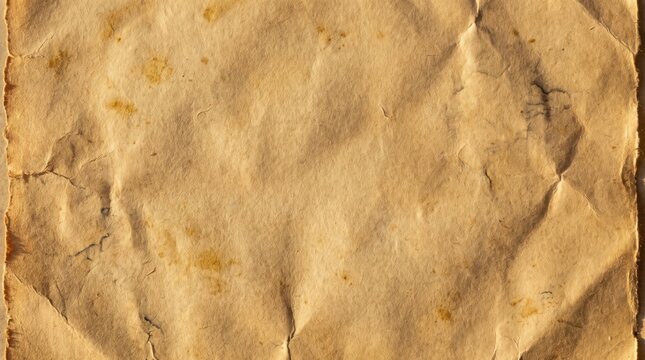 Crumpled sheet of aged, stained parchment paper with a rough deckled edge, featuring a textured surface with deep creases, folds, and dark brown spots on a light tan background
