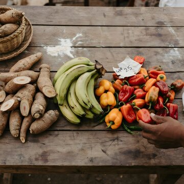 Fresh Yams, Plantains and Peppers Displayed on Rustic Market Table, West Africa