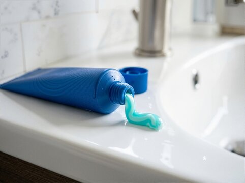 Blue toothpaste tube open on white bathroom sink. Squeezed striped gel toothpaste on ceramic counter with blurred faucet