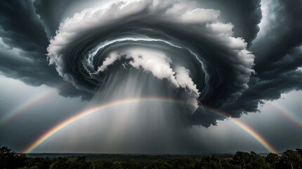 Obraz premium Dramatic storm clouds form huge spiral shape in dark sky. Heavy rain falls from massive formation over forest landscape. Bright double rainbow cuts through gray tempest clouds during extreme weather