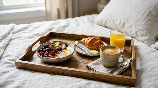 Breakfast in bed served on a wooden tray. Healthy morning meal with yogurt, berries, croissant, coffee and orange juice