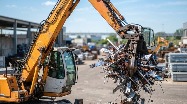 Industrial excavator loader lifting scrap metal with claw. Recycling yard facility with heavy machinery