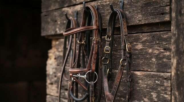 Leather horse bridles hanging on a rustic barn wall. Equestrian riding tack on weathered wood