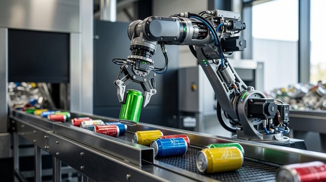 Robotic arm sorting aluminum cans. Automated industrial robot gripper lifting a green beverage can on a conveyor belt. High-tech recycling factory concept