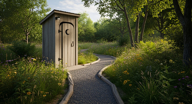 Rustic wooden outhouse with crescent moon door next to a gravel path in a sunny green forest meadow