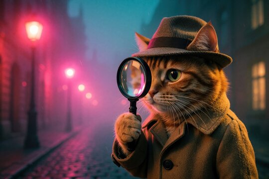 Ginger cat detective with magnifying glass, fedora hat explores foggy city street at night. Colorful streetlights cast warm glow on cobblestone road, creating mysterious, whimsical atmosphere for