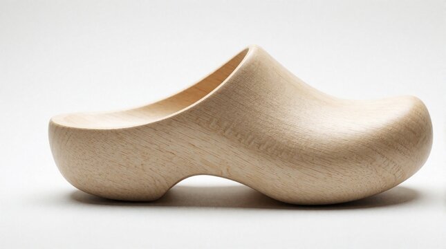 Traditional wooden clog isolated on white background. Single light wood shoe object with natural grain texture. Classic Dutch footwear style for folk costume souvenir. Simple handcrafted timber