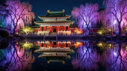 Obraz premium Colorful Asian temple with green roof stands by calm water at night. Vibrant purple willow trees reflect in dark pond. Traditional pagoda architecture glows under night sky. Beautiful oriental