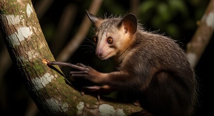 Obraz premium Aye-aye lemur perched on a tree branch in the wild rainforest habitat.