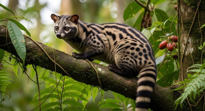 Asian palm civet perched on a tree branch in a lush tropical rainforest environment.