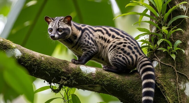Asian palm civet resting on a mossy tree branch in the tropical rainforest jungle habitat.