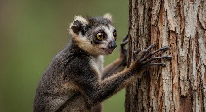 Close up of a wild lemur clinging to a tree trunk in a natural forest habitat