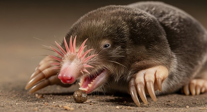 Close-up of a star-nosed mole with pink sensory tentacles and sharp claws on dark soil