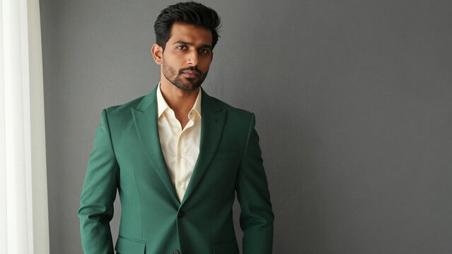 A confident man in a sharp green suit stands near a window with soft natural light, exuding professionalism and calm authority.