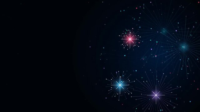 Futuristic digital network fireworks exploding with colorful glowing lines on a dark background