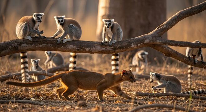 Ring-tailed lemurs and a fossa predator in the wild Madagascar forest habitat