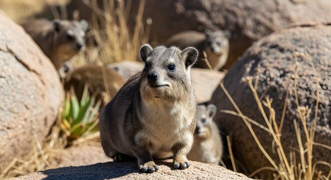 Rock hyrax group sitting on boulders in a sunny natural rocky habitat