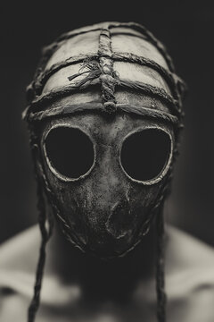 people of ai, gladiator with helmet, creepy expression, old mask from ancient times, dark background, photorealistic