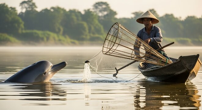 Asian fisherman in traditional boat casting a net near a wild dolphin in river water