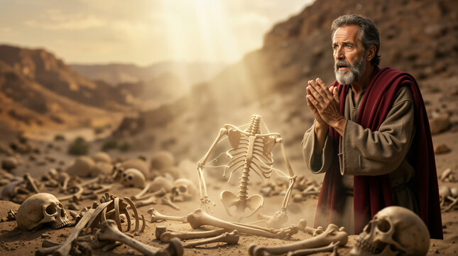 Bearded prophet praying in a valley of dry bones. Ezekiel standing among human skeletons and skulls in a dusty desert landscape. Concept of hope and spiritual restoration