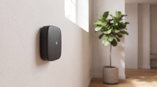 Smart home wall sensor mounted on a sunlit interior wall in a modern minimalist room at home with a potted plant and soft natural shadows indoors