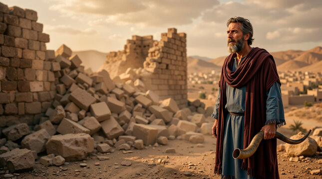 Joshua standing by the fallen walls of Jericho holding a shofar. Ancient Israelite leader with ram horn trumpet in front of crumbled stone ruins. Historical Old Testament scene in the desert