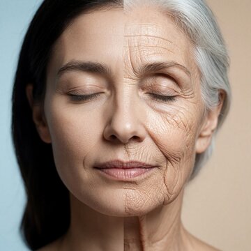 Split face shows woman as young adult and elderly. One side has smooth skin, other side shows wrinkles and grey hair. Concept symbolizes aging process, life stages, time.