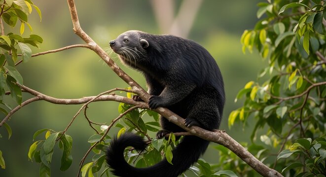 Binturong sitting on a tree branch in the tropical rainforest jungle habitat
