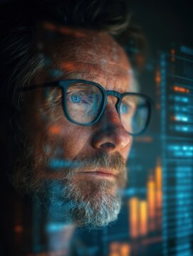 Focused mature man with glasses analyzing digital financial data and futuristic charts reflecting on his face in a dark environment of technology and investment