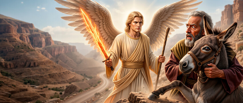 Angel with flaming sword blocking Balaam and his donkey in a canyon. Wide banner illustration of the ancient spiritual story. Dramatic scene with shocked man and winged messenger