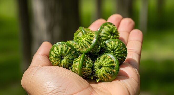 Hand holding fresh green fern fiddleheads in a forest for wild food foraging concept