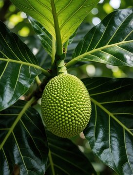 Green unripe breadfruit hangs on tree branch amid large dark leaves. Tropical plant grows in garden, preparing for harvest. Exotic unripe fruit on tree.