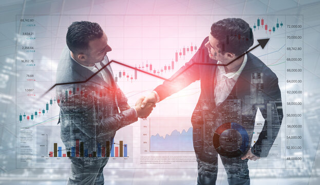 Two businessmen confidently shake hands in front of growth indicators and financial charts, symbolizing collaboration and future success in corporate environments. Nascent