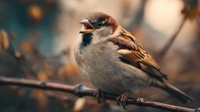 Close-up of a house sparrow on a dark branch.