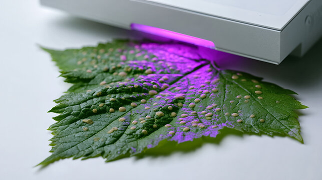 UV Light Illuminates Textured Green Leaf with Beige Bumps on White Table, Scientific Research Concept