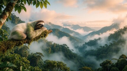 Fototapeta premium Sloth rests on mossy tree branch amid misty rainforest mountains. Peaceful tropical scene, clouds drift over green valleys where wild animal lives.