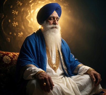 Elderly Sikh man meditates in golden light. He wears a blue turban and white robe, with a long white beard. His eyes are closed in peaceful contemplation.