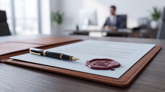 Signed business contract with fountain pen and wax seal on desk in modern office, with blurred executive in background for agreement concept