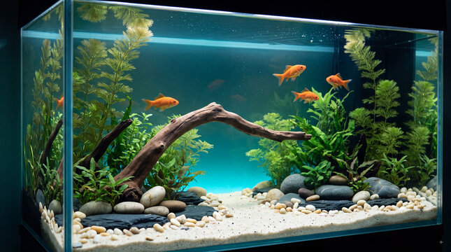 Freshwater aquarium with goldfish, aquatic plants, driftwood, white sand and smooth pebbles in a clear glass tank with blue water and natural aquascape decor