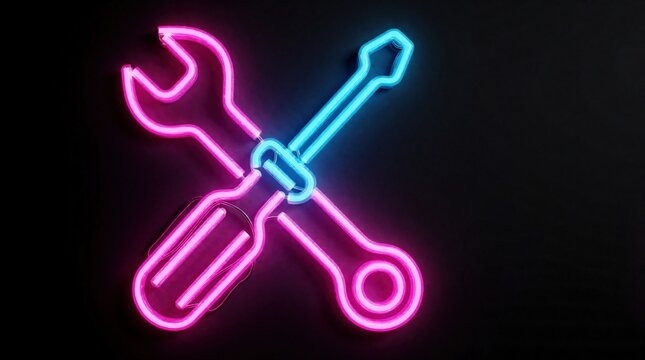 Neon wrench and screwdriver crossed on dark background. Bright pink and blue glowing repair tools form a symbol for service and construction industry.